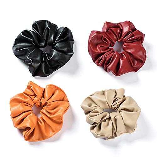 Soft Leather Hair Scrunchies For Women Oversize Elastic Hair Bands With Solid Color Classy Black Ponytail Holders For Thick Hair Strong Hair Tie Ropes As Girls Hair Accessories 4 Assorted Colors Scrunchies #TOP4