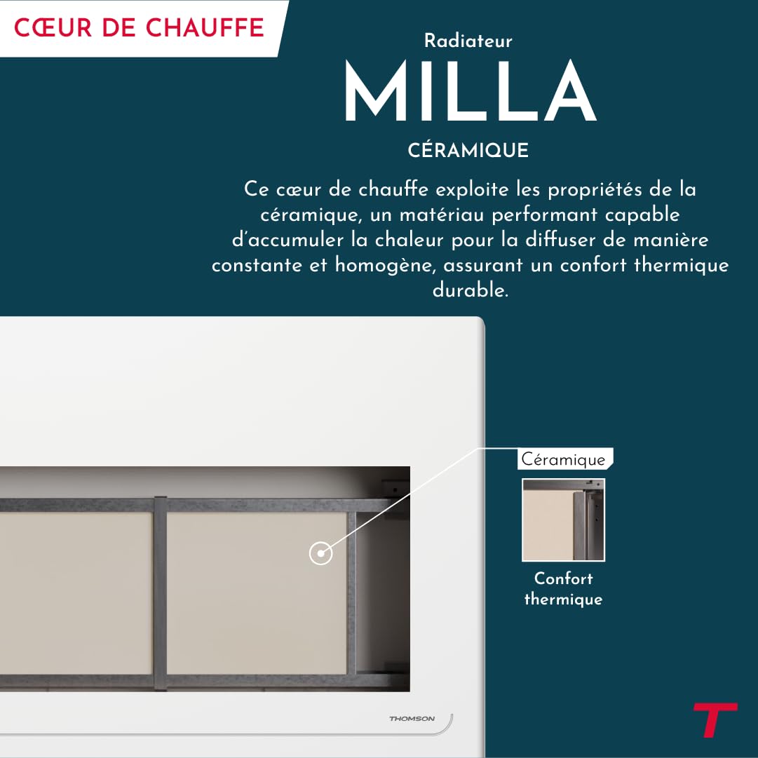 THOMSON - Radiatore elettrico fisso collegato WiFi inerzia secca ceramica con termostato intercambiabile 1000W THOMSON MILLA orizzontale bianco