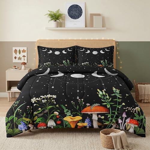WeCozy Queen Size Comforter Set with 2 Pillowcases Mushroom Plant Floral 3 Pcs Bedding for Kids and Adults Flower Summer Moon Night Soft Comforter Set for Bedroom Bed Decor