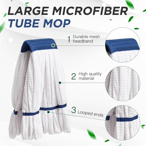 Image of Hushee 6 Pack Large Microfiber Tube Mop Heads 18 oz Heavy Duty Commercial Industrial Wet Mop Head Refill Reusable Machine Washable Looped End Mopheads for Hardwood, Tile, Laminate Floors (White)