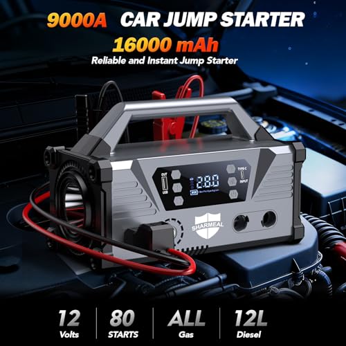 Image of Sharmeal Jump Starter with Air Compressor,9000A Car Battery Jump Starter (All Gas /12.0L Diesel),200PSI Car Battery Jumper Starter Portable 12V Jump Box with Jumper Cables, LED Light