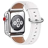 WFEAGL Compatible with iWatch Band 38mm 40mm 42mm 44mm, Top Grain Leather Band for iWatch Series 5,Series 4,Series 3,Series 2,Series 1,Edition(White Band+Silver Adapter, 38mm 40mm)