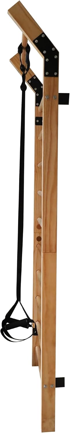 Swedish Ladder Wood Stall Bar Suspension Trainer – Physical Therapy & Gymnastics Ladder w/ 11 Strategic Rods and Training Strap. Solid Pine.