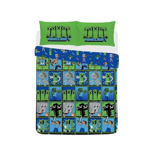 Minecraft Duvet Cover Set Double Creeper Design Bedding Set with Pillowcase Blue Green