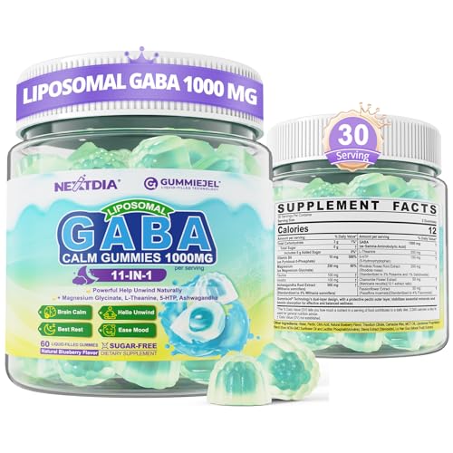 GABA + Magnesium Glycinate + L-Theanine - Melatonin-Free Sleep Aid + Calm Mood Gummies Liposomal GABA Supplements 1000mg with Ashwagandha 5htp Inositol B6 for Calm Focus-GABA Sleep Gummies 60 Cts
