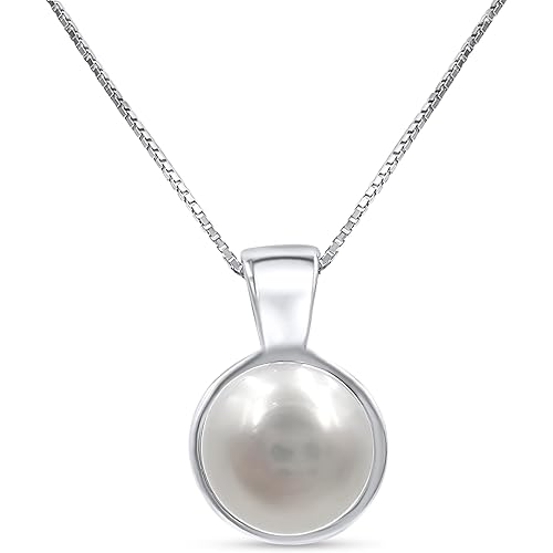 Freshwater pearl 8mm round pendant with white gold over 925 sterling silver bezel cabochon plate and box chain, real genuine dainty June birthstone gift for her, uniquelan jewelry (pearl (white))