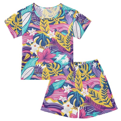 ALAZA Palm Leaf Tree Yellow Pajamas Short Sleeve 2 Piece Sleepwear Top and Bottom Pajama Set Unisex