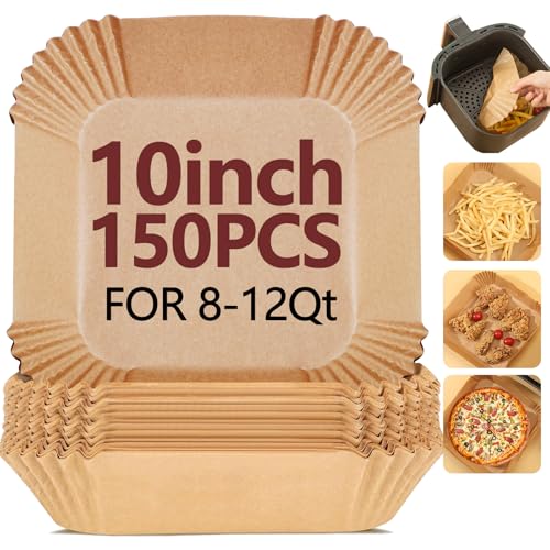 EKACO 10 Inch Air Fryer Liners Disposable-150PCS Square Parchment Paper Liners,Heat Resistant & Non-Stick,Unbleached Liners for Air Fryer,Oven,Roasting,Baking,Microwave(Bottom is 9 Inch)