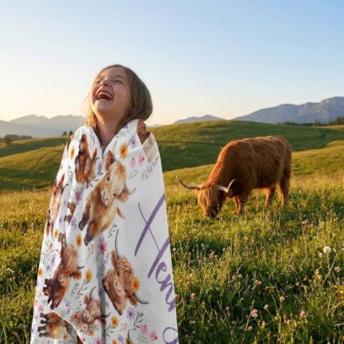 Image of Custom Highland Cow Blankets, Cute Highland Cow Gifts for Girls,Soft Flannel Throw Blanket with Name Floral Stuff Decoration,30 inchx40 inch