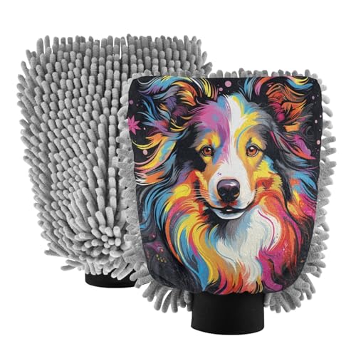 ALAZA Border Dog Car Wash Mitt Scratch Free, 2 Pack Absorbent Microfiber/Chenille Washing & Drying Mitts, M