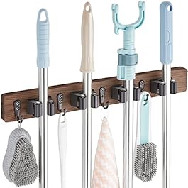 Mop and Broom Holder Wall Mount – Rustic Wood Broom Mop Hanger – Wall Mounted Garden Tool Rack Organizer for Closet Garage Laundry Room Kitchen Decor With 4 Slots & 4 Hooks
