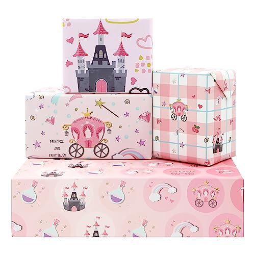 Lot de 4 feuilles de papier cadeau kraft rose pliées pour anniversaire, château, calèche, contes de fées, papier cadeau de princesse 50,8 x 71,1 cm pour...
