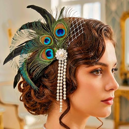 Yokawe Peacock Fascinator 1920s Hair Clip Black with Pearls Gatsby Headpiece Flapper hair accessories for Women