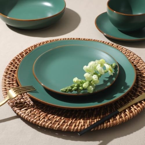 Image of Gibson Home Hazeltine 16-Piece Green Stoneware Dinnerware Set - Plates and Bowls, Durable Ceramic Kitchen Dinner Set