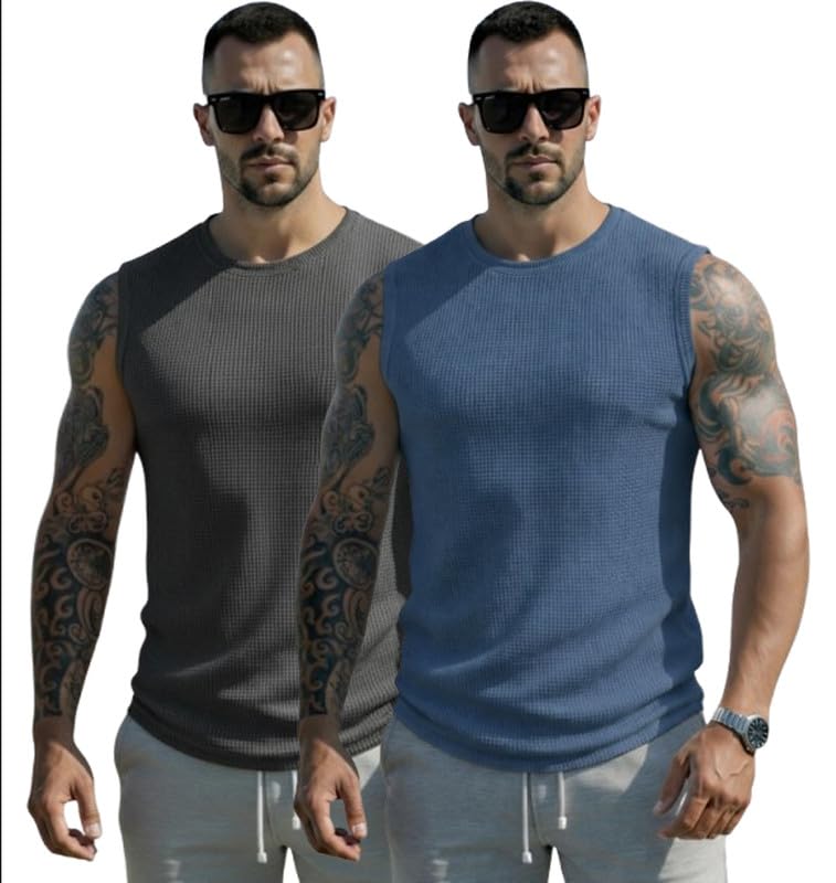 Men's Polycotton Waffle Tank Tops Sleeveless Round Neck T-Shirt for Gym, Running and Outdoor Combo Pack of 2-picture-46