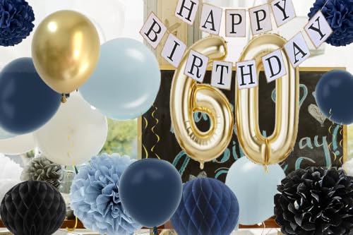 Image of 60th Birthday Decorations for Men -Black Royal Blue 60 birthday party supplies for Happy man with Fabulous Champagne Gold Balloons Tissues Pom poms Decor (Navy blue +Gold)
