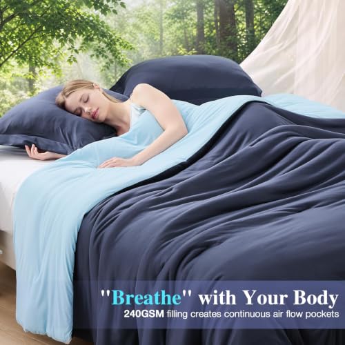 Image of MUXHOMO Cooling Comforter Set Queen Size, Lightweight Summer Comforter for Hot Sleeper, Reversible Bedding with ICY Cooling Surface, Includes 1 Comforter (90 inchx90 inch) and 2 Shams (20 inchx 26 inch), Navy