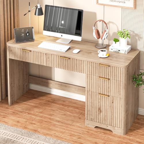 Vabches 59 Fluted Executive Desk with Adjustable File Drawer Workstation Computer Desk with 4 Storage Drawers for Home Office Study Writing Oak