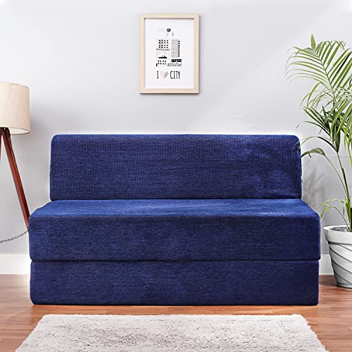 Image of Convertible Fabric Sofa Cum Bed | Foldable Double Foam & Washable Cover with Cushions | Modern Design Use Living Room & Guest Room (Moshi-Blue-Multi-Square, 4X6 Ft)