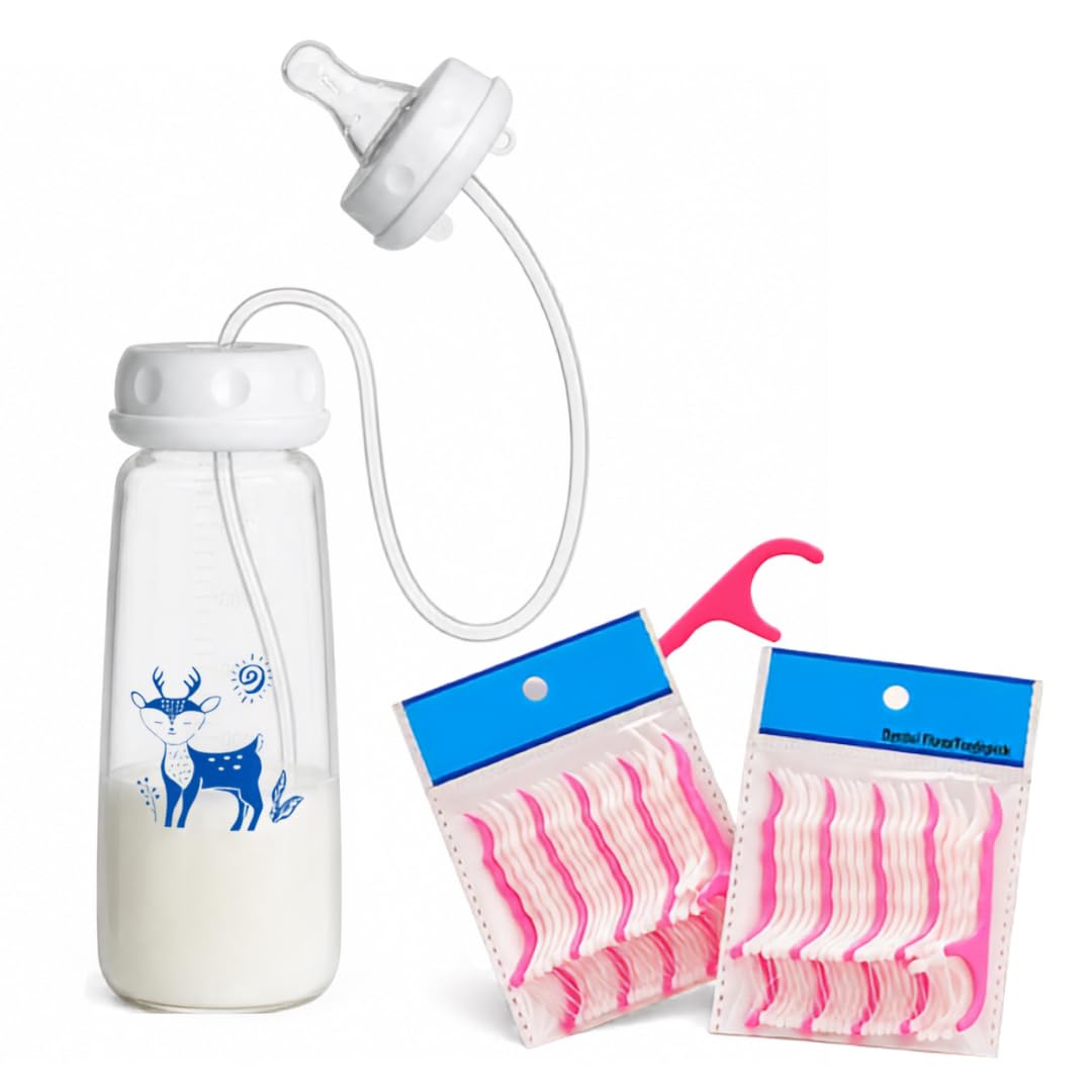Anti-Colic Hands Free Baby Feeding Bottle 240 ml with Straw, BPA Free Milk Feeder with Soft Silicone Nipple, Leak Proof Self Feeding Bottle for New Born/Infants/Toddler 6+ Months (Bottle & Floss)-image-22