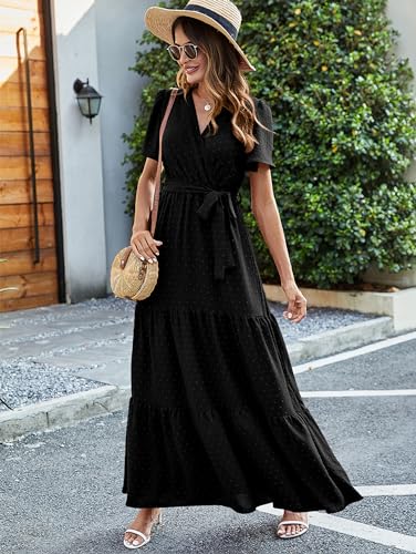 Image of MASCOMODA Women Boho Swiss Dot Maxi Dresses Wrap V Neck Flutter Short Sleeve Solid Tie Waist A Line Tiered Flowy Long Dresses