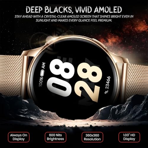 Image of PunnkFunnk Active 2 Smartwatch, 1.39 inch HD Round Display, Bluetooth Calling, Heart Rate & SPO₂, 100+ Sports Modes, IP67, Long Battery Life for Men & Women (Millanese Gold)