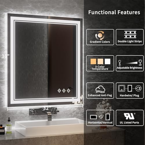 Image of Bathroom Mirror, 32x36 Inch Gradient Front and Backlit LED Mirror for Bathroom, 3 Colors Dimmable CRI>90 Double Lights, IP54 Enhanced Anti-Fog, Hanging Plates Wall Mount LED Mirror