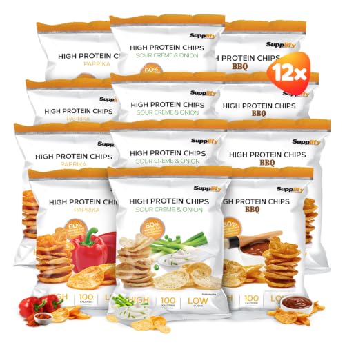 Supplify Protein Chips - Mix Box II (Paprika, Sour Cream n´Onion & BBQ) - Eiweiß Snack zum Abnehmen oder Muskelaufbau - die leckere Alternative zu Protein-Pulver oder -Riegel (12 x 50 g)