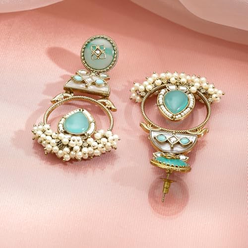 Image of Rubans Drop Earrings Stylish Jewellery with Aqua Green Stone & Pearls Gift for Women & Girls