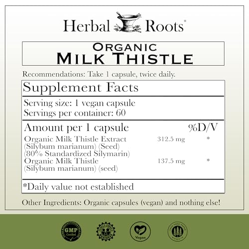 Herbal Roots Milk Thistle Capsules | Extra Strength 80% Silymarin Herbal Supplement | Made with Pure Organic Milk Thistle | Vegan and GMO Free - Thumbnail 2