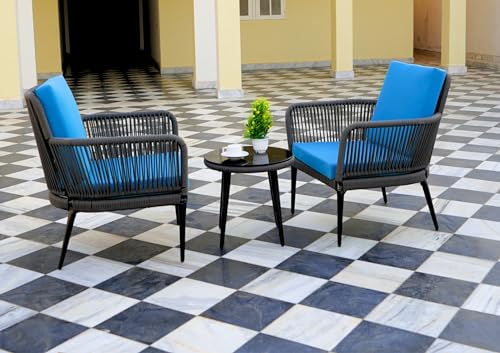 Image of DEVOKO 3 Piece Outdoor Bistro Rope Conversation Patio Set All Weather Chairs and Table with Cushions for Garden, Deck, Backyard, Balcony, Porch (Grey & Sky-Blue)