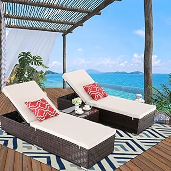 Alternative view of HTTH Outdoor Chaise Lounge, Patio Chaise Longue, Thick & Comfy Cushion Wicker Lounger Chairs, 3 Pcs Reclining Chair Set Recliner for Garden, Patio, Pool (Brown-Beige)…