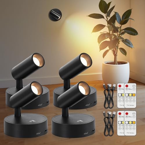 Image of TaoFiaCo Spotlight Indoor, Wireless Battery Operated with Remote,Uplight Indoor Down Light for Picture on Wall, Plant Spotlight Dimmable Timer, Ceiling Lights Painting for Trees Plant, Black 4 Pack