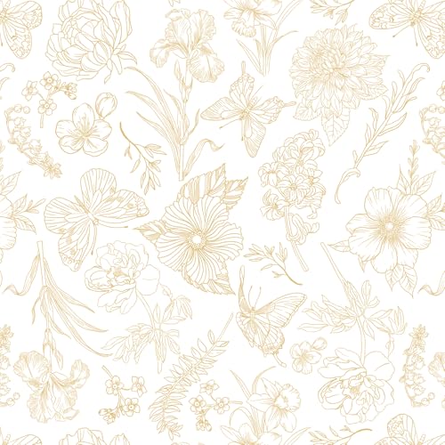 Yomshi Papier peint autocollant blanc et doré à décoller et à coller - 44 x 300 cm - Motif floral et papillon - Dos adhésif épais - En vinyle imperméable - Pour chambre à coucher, salon, cuisine