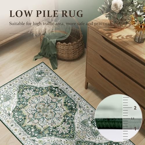 Deerly Runner Rug 3x8 Washable Vintage Area Rugs for Hallway Bohemian Non-Slip Low-Pile Floor Carpet for Kitchen Bathroom Bedroom Dining Room, Green//Multi