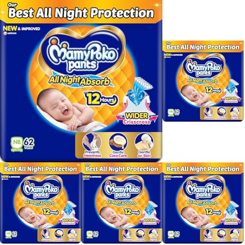 Image of Mamypoko pants All Night AbsorbPant Style Baby Diapers New Born Size /X-Small, 62 Count, Ideal for upto 5Kgs+50% wider & repeated absorption 12hr protection from leakage, prevents heaviness (Pack of 5)