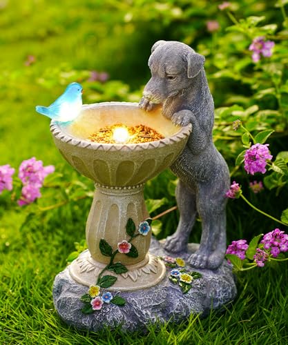 Goodeco Solar-Hundestatue mit Vogeltränke, wasserdichte Harz-Skulptur mit Solar-Vogellichtern, Garten-Hunde-Geschenke für Frauen/Mutter/Oma, Dekoration – Grau