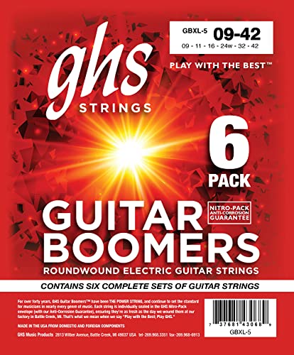 Image of GHS Strings, GBXL Boomers, Nickel Plated Steel Electric Guitar Strings, Legendary Strength, Consistent Intonation, Long Lasting Brightness, Tone & Sustain. For 6-String Guitar, 9-42 XLT Gauge, 6 Pack