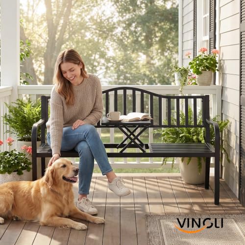 Image of VINGLI 59 inch Outdoor Metal Bench Patio Bench with Built in Table Park Bench Garden Bench, Outside Benches Weather Proof Front Porch Bench for Yard Lawn Decor Deck