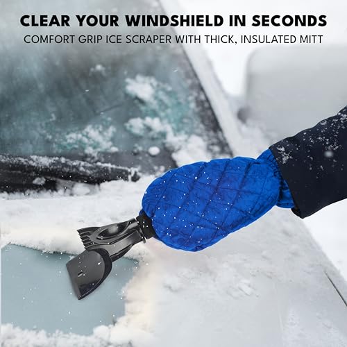 Image of EcoNour Ice Scraper Mitt for Car Windshield | Waterproof Warm Glove | Thick Fleece Lining | Windshield Scraper for Ice and Snow with Foam Grip, Scratch-Free | Detachable Cleaner for Car (Blue)