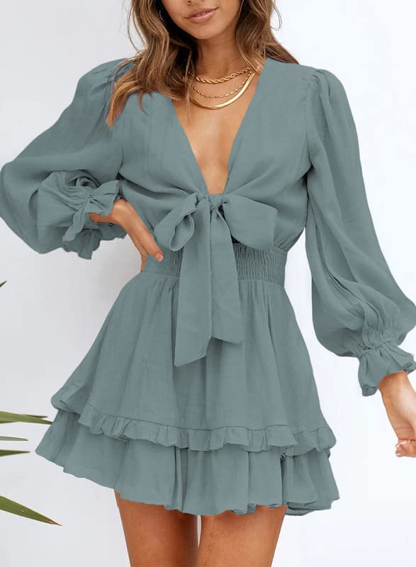 Image of Dokotoo Womens Casual Spring Fall 2025 Deep V Neck Knotted Tiered Chiffon Elegant Mini Short Swing Skater Dresses