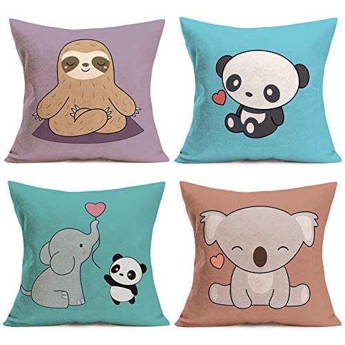 Fukeen Children Cartoon Decorative Throw Pillow Covers Set of 4 Cute Animals Sloth Bear Elephant Panda with Pink Sweet Heart Pillow Cases Cotton Linen 18x18 Inch Cushion Cover for Kids Room Sofa Couch