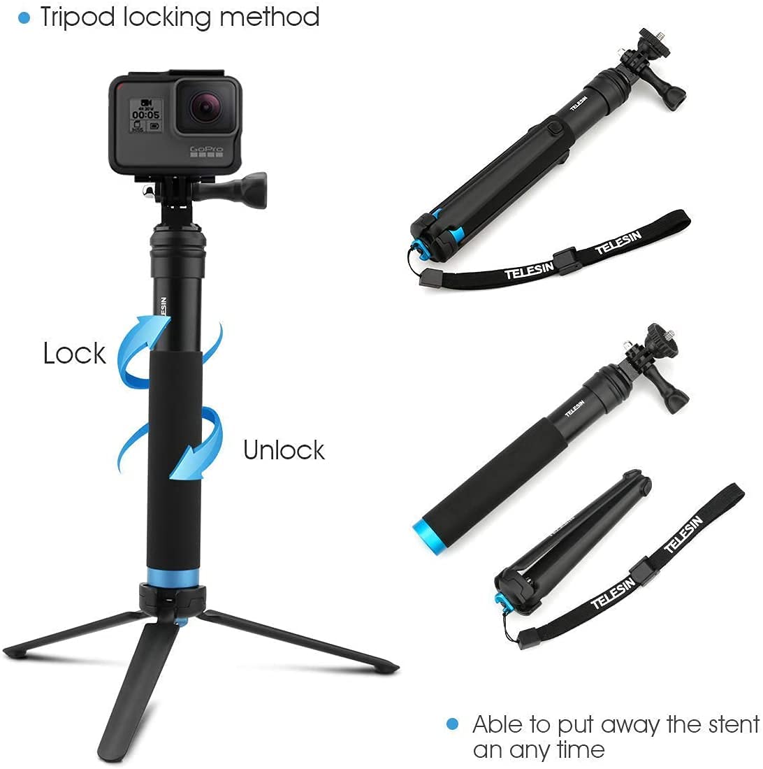 Bâton pour Selfies avec trépied en Aluminium TELESIN pour appareils Photo de Sport