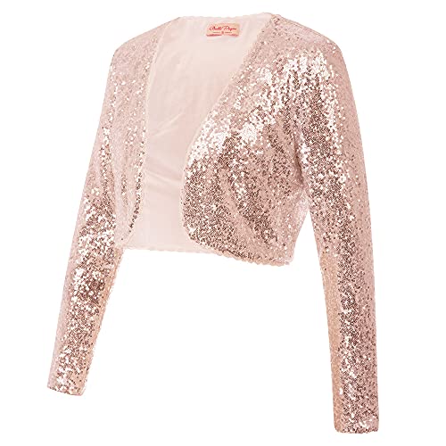 Belle Poque Women's Sequin Jacket Open Front Long Sleeve Sparkly Blazer Bolero Shrugs for Dresses Rose Gold
