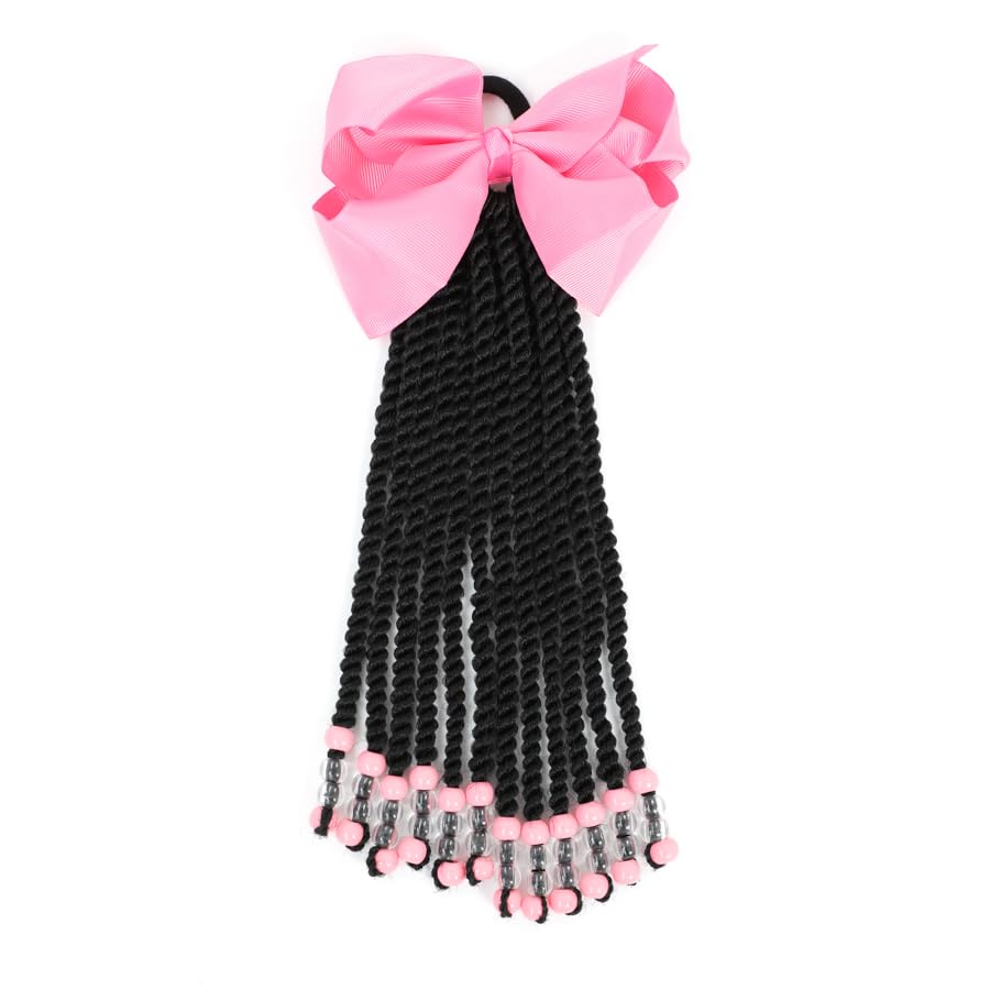Kid's Summer Kids Passion Twist Ponytail Hair Extension, Synthetic Curly Hairpiece with Beads and Bows, Protective Hairstyle for Girls (Pink, 9inch)