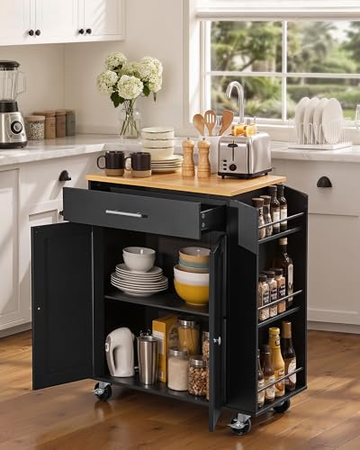 VEVOR Kitchen Island Cart with Storage, 31.3 in Wide Mobile Rolling Storage Island on Swivel Wheels, with Drawer, Storage Cabinet, Spice/Towel Rack, Table for Home Dining Room, Black - image 2