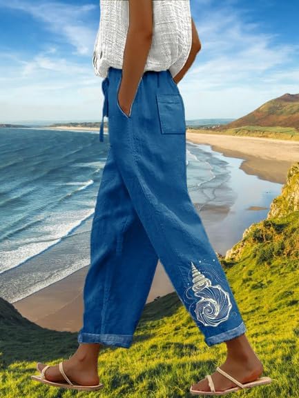 Womens Boho Graphic Casual Pants Loose Fit Elastic Waist Cotton Trouser Cropped Summer Trendy Wide Leg Pants - Image 3