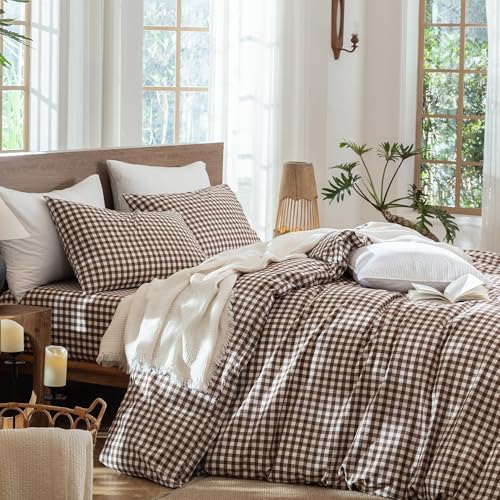 Image of MooMee Gingham Duvet Cover Set 100% Washed Cotton Linen Like Textured Breathable Durable Soft Comfy Modern Checkered Design (Classic Gingham Cocoa Brown, Queen 90 inchx90 inch)