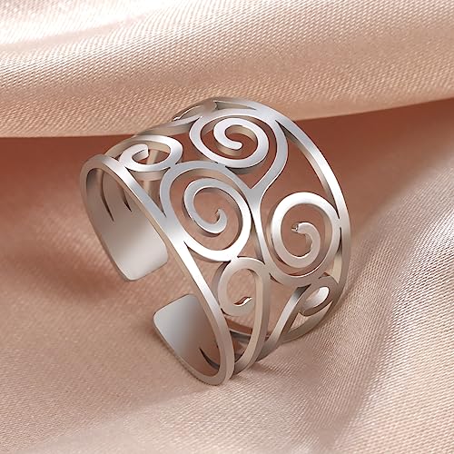 TEAMER Hollow Flower Ring Stainless Steel Triskele Triskelion Boho Adjustable Open Finger Ring Fashion Jewelry Wedding Ring for Women3