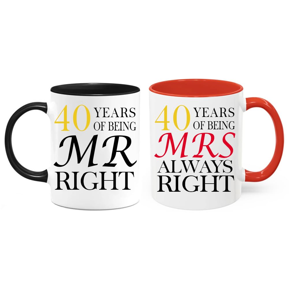 PEJAFAN 40th Wedding Anniversary for Couples, 40 Year Anniversary Coffee Mugs Set of 2 - Mr Right & Mrs Always Right Ceramic Mug Gift Set 11oz (40th)